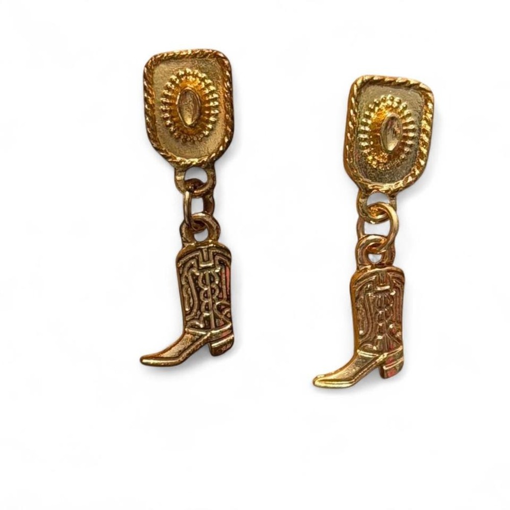 Vintage Style Gold Tone Cowboy Hat &‎ Boot Dangle Earrings
